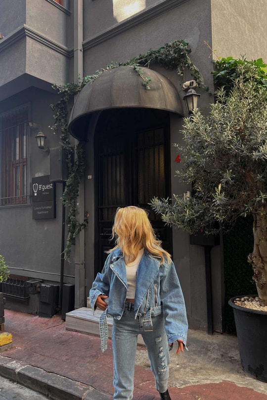 Denim Biker Ceket Mavi