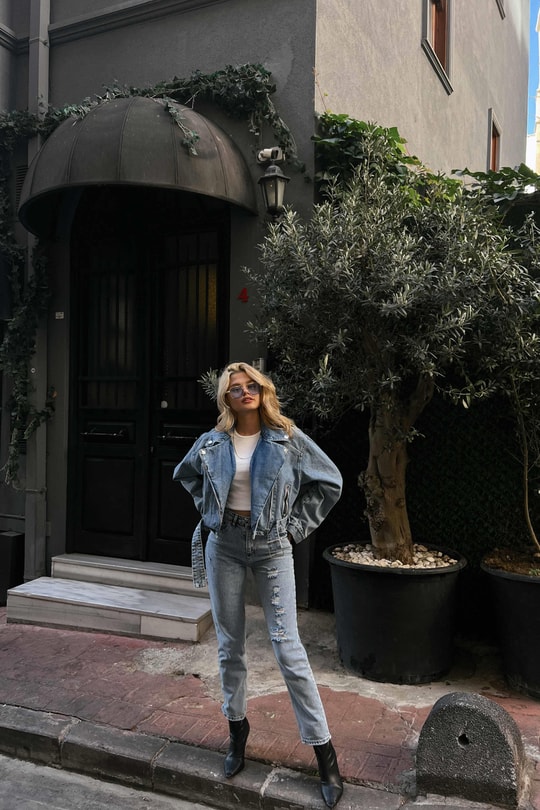 Denim Biker Ceket Mavi