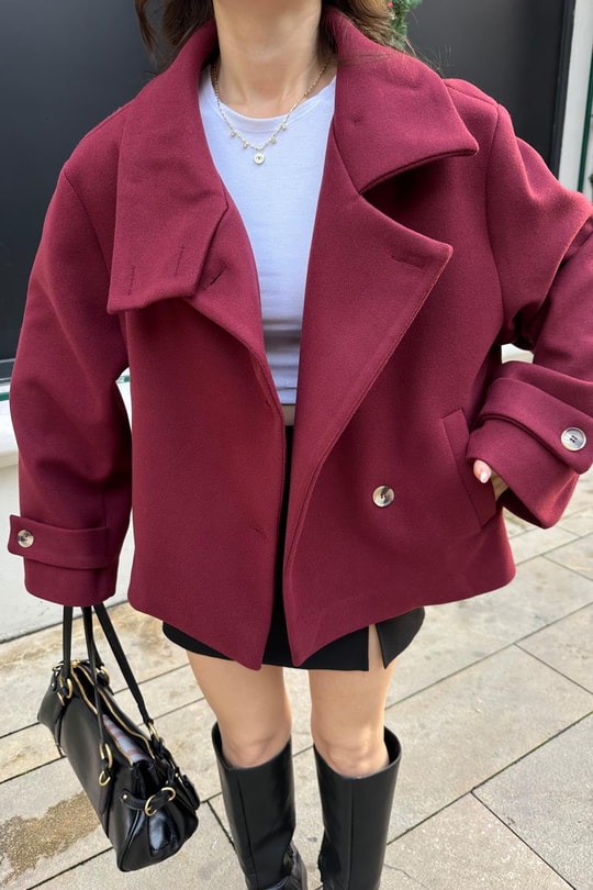Dik Yaka Kaşe  Ceket Bordo