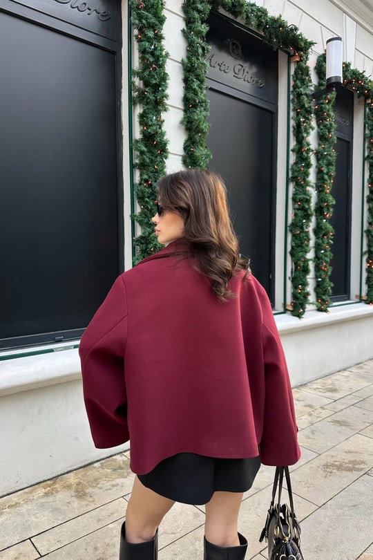 Dik Yaka Kaşe  Ceket Bordo