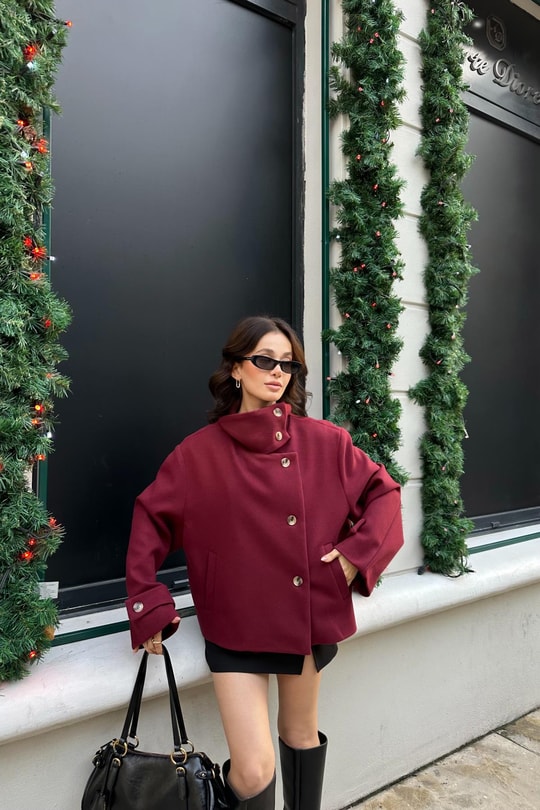 Dik Yaka Kaşe  Ceket Bordo