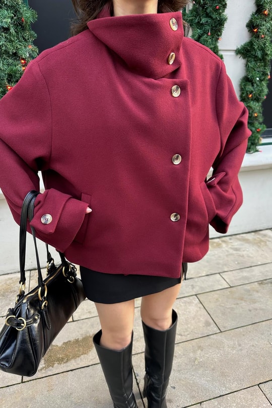 Dik Yaka Kaşe  Ceket Bordo