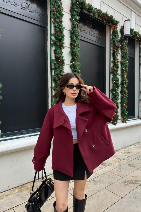 Dik Yaka Kaşe  Ceket Bordo