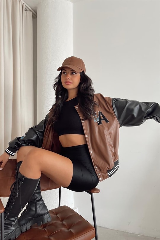 Duo Çıtçıtlı Deri Ceket Kahve