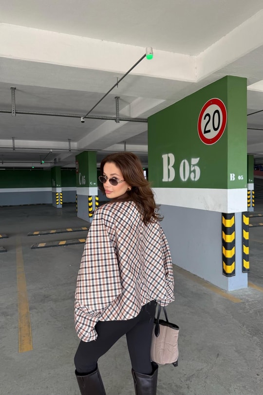 Ekose Desen Oversize Ceket Bej