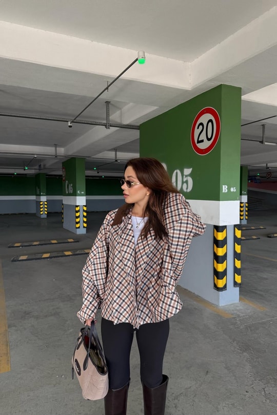 Ekose Desen Oversize Ceket Bej