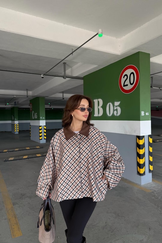 Ekose Desen Oversize Ceket Bej