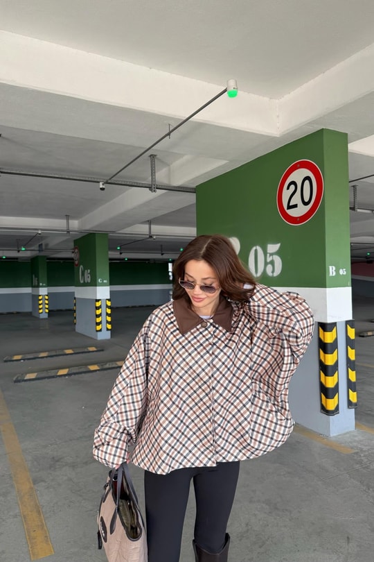 Ekose Desen Oversize Ceket Bej