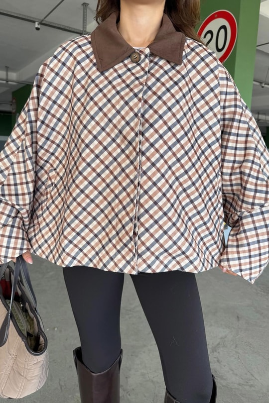 Ekose Desen Oversize Ceket Bej