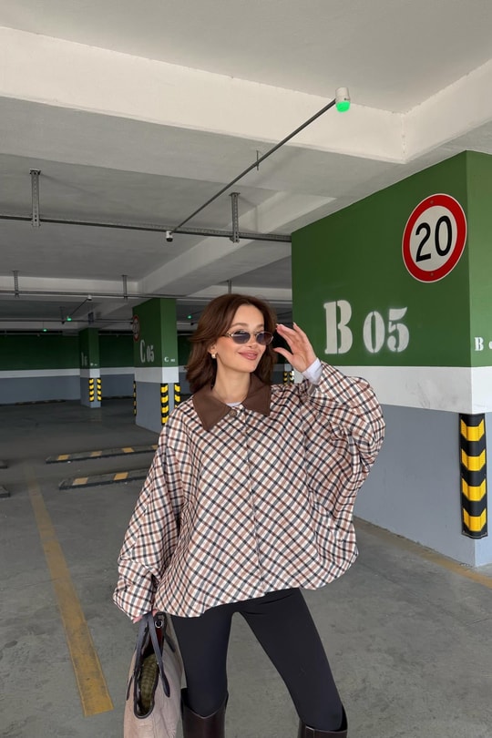 Ekose Desen Oversize Ceket Bej