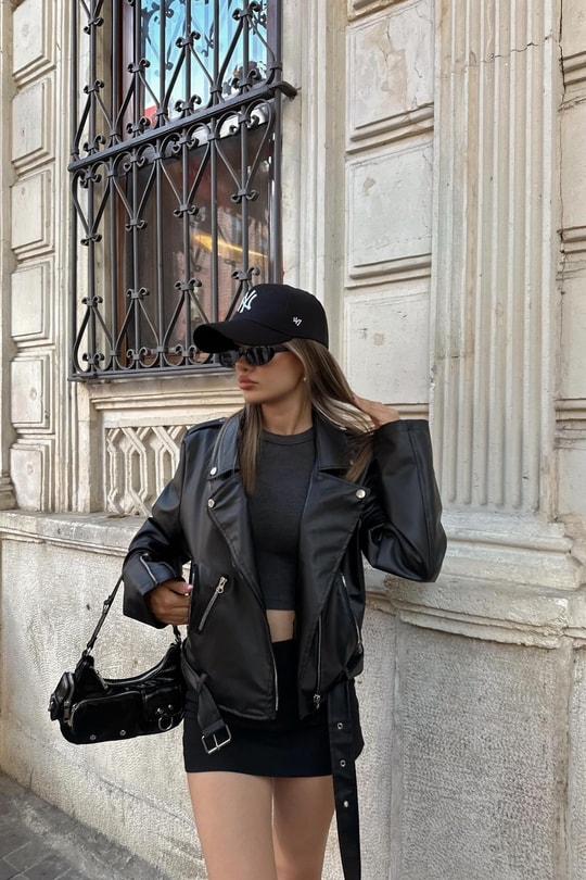 Fermuarlı Deri Biker Ceket Siyah
