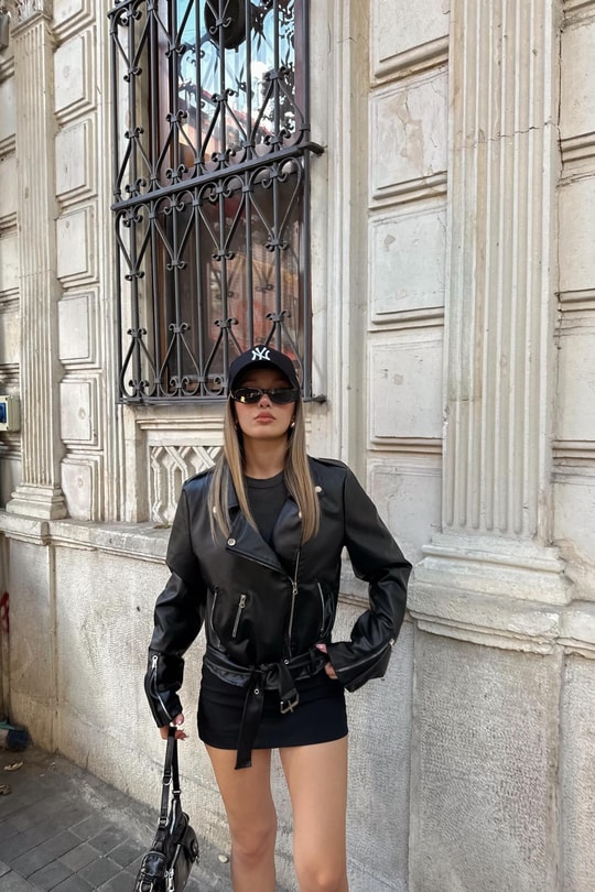Fermuarlı Deri Biker Ceket Siyah