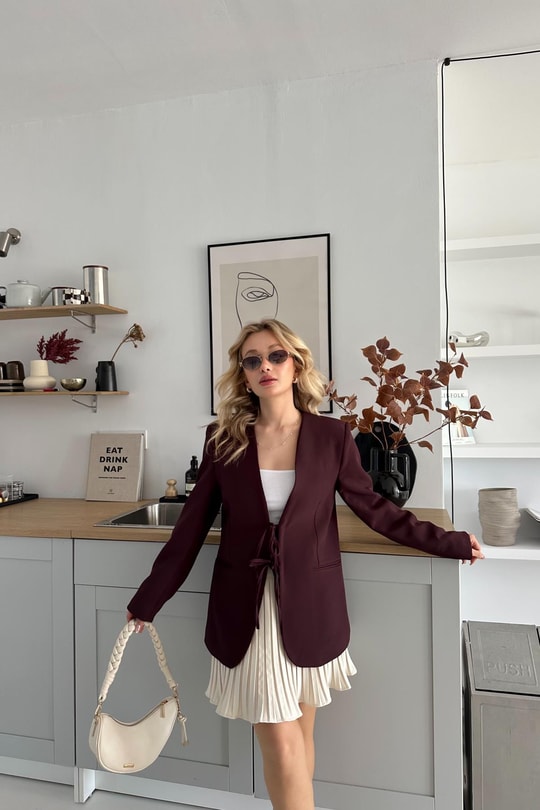Fiyonklu Elegant Ceket Bordo