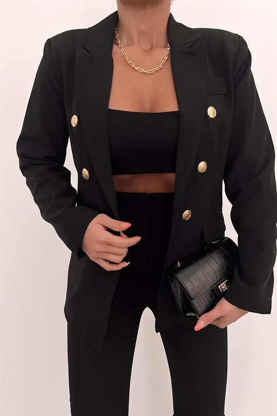 Gold Düğme Blazer Ceket Siyah