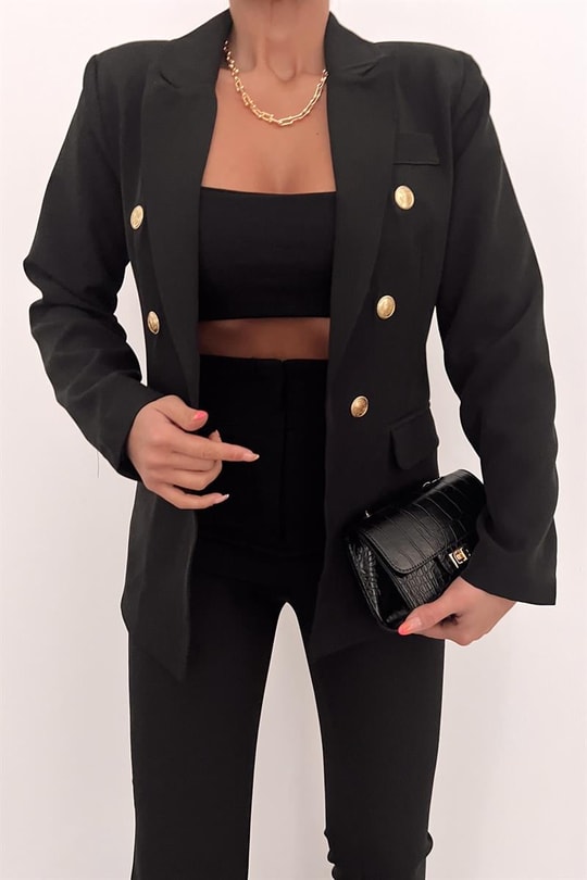 Gold Düğme Blazer Ceket Siyah