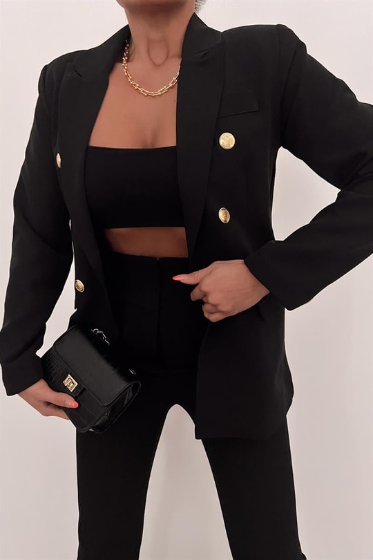 Gold Düğme Blazer Ceket Siyah
