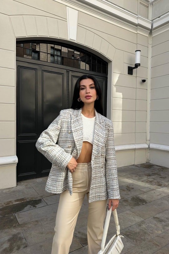 Gold Düğme Colorful Blazer Ekru