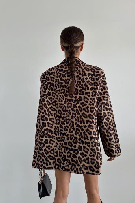 Gold Düğme Leopar Blazer Ceket Kahve