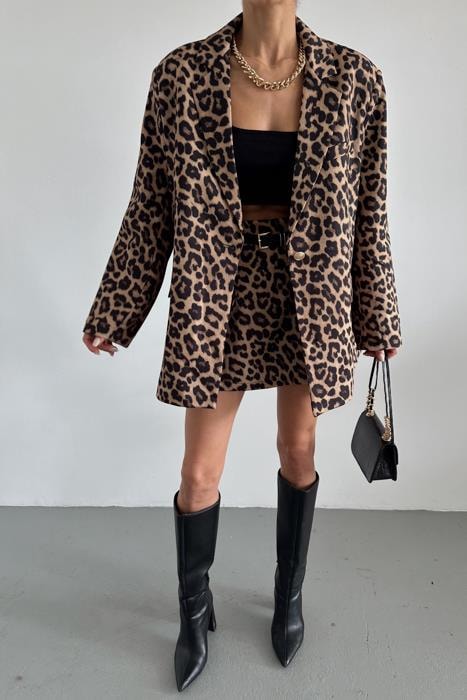 Gold Düğme Leopar Blazer Ceket Kahve