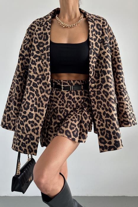Gold Düğme Leopar Blazer Ceket Kahve