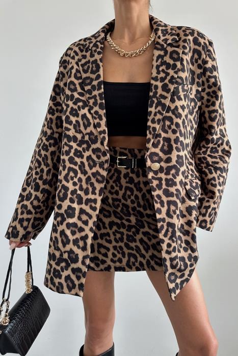 Gold Düğme Leopar Blazer Ceket Kahve