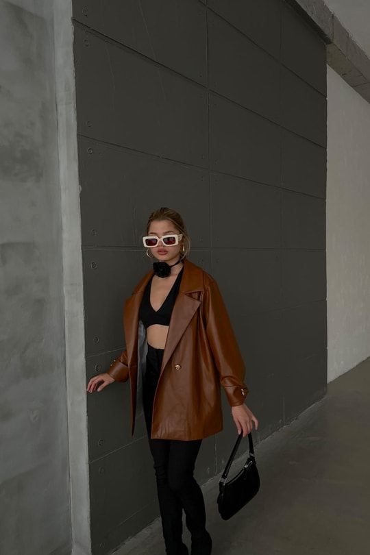 Gold Düğme Oversize Deri Blazer Ceket Kahve
