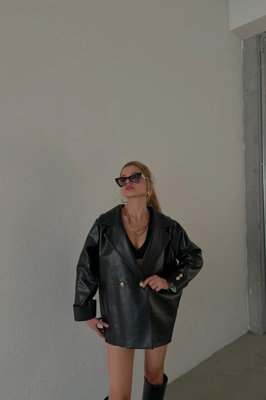 Gold Düğme Oversize Deri Blazer Ceket Siyah