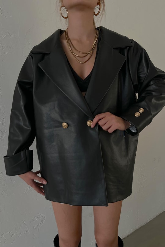Gold Düğme Oversize Deri Blazer Ceket Siyah