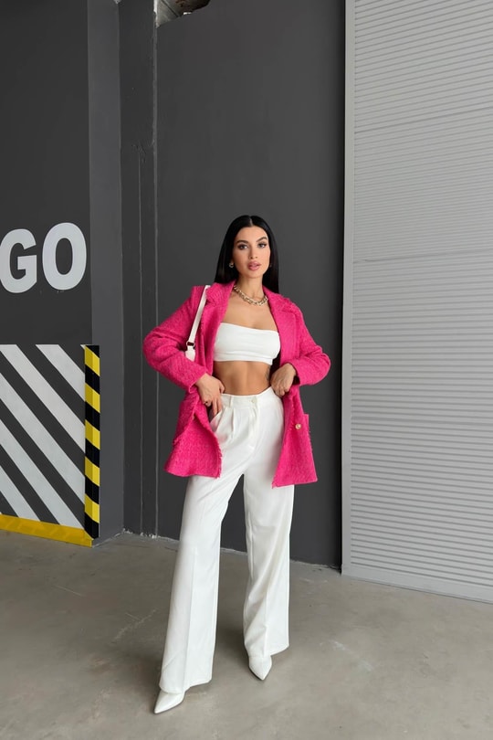 Gold Düğme Tüvit Blazer Ceket Fuşya