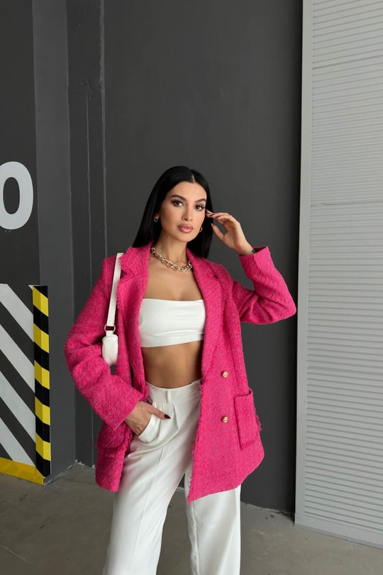 Gold Düğme Tüvit Blazer Ceket Fuşya