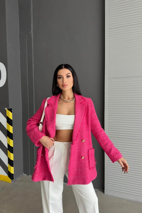 Gold Düğme Tüvit Blazer Ceket Fuşya