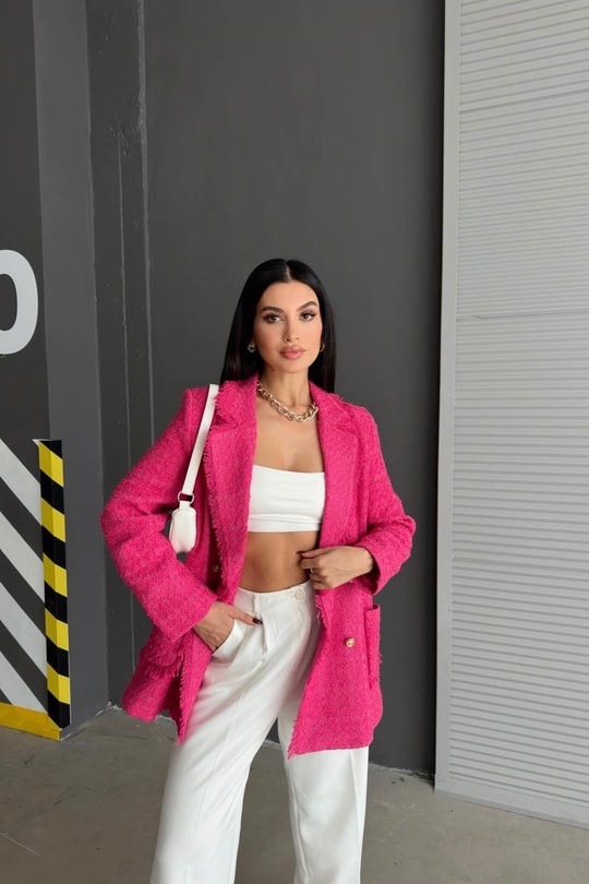 Gold Düğme Tüvit Blazer Ceket Fuşya