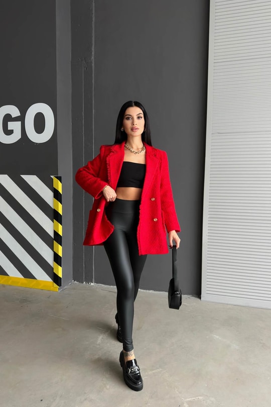 Gold Düğme Tüvit Blazer Ceket Kırmızı