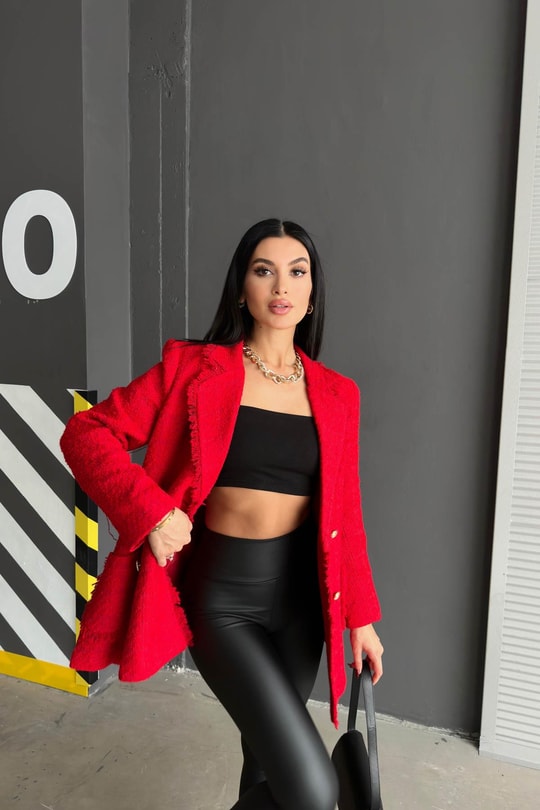 Gold Düğme Tüvit Blazer Ceket Kırmızı
