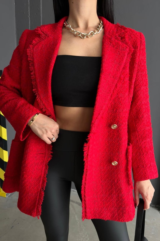 Gold Düğme Tüvit Blazer Ceket Kırmızı