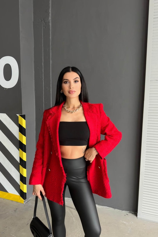 Gold Düğme Tüvit Blazer Ceket Kırmızı