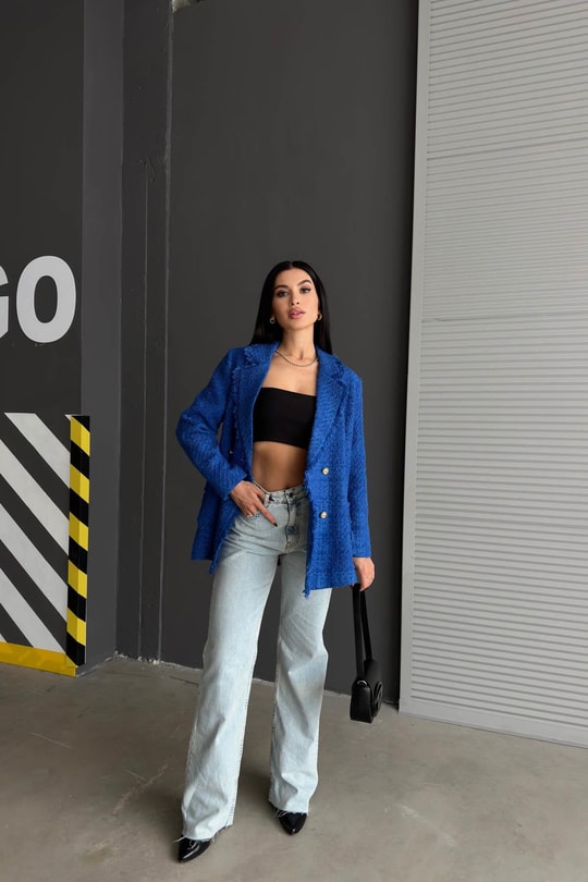 Gold Düğme Tüvit Blazer Ceket Saks Mavisi
