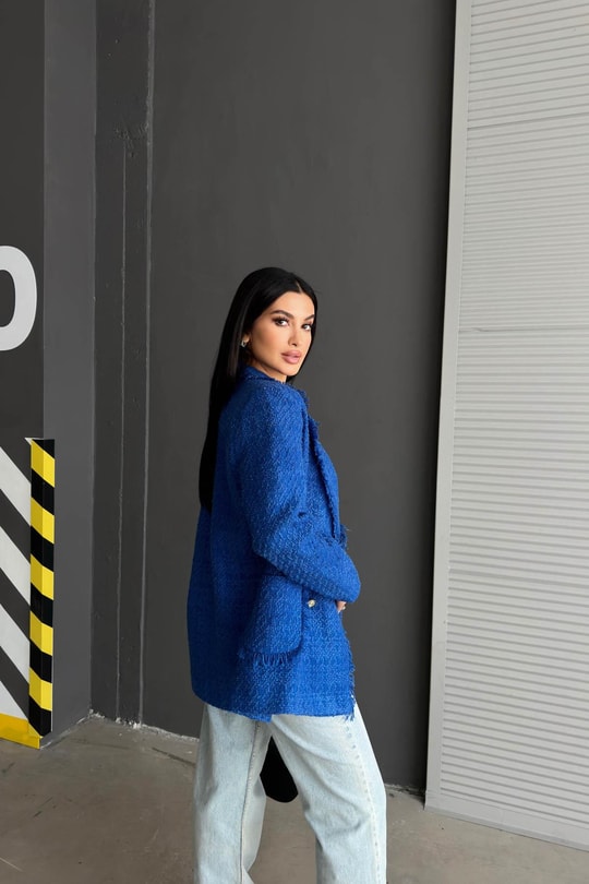 Gold Düğme Tüvit Blazer Ceket Saks Mavisi