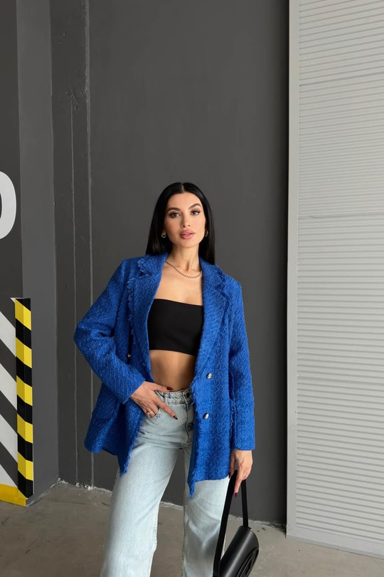 Gold Düğme Tüvit Blazer Ceket Saks Mavisi