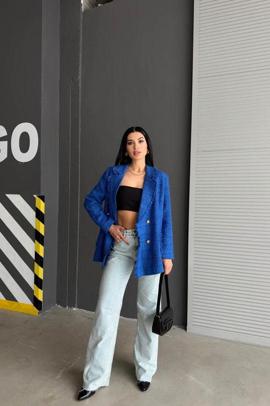 Gold Düğme Tüvit Blazer Ceket Saks Mavisi