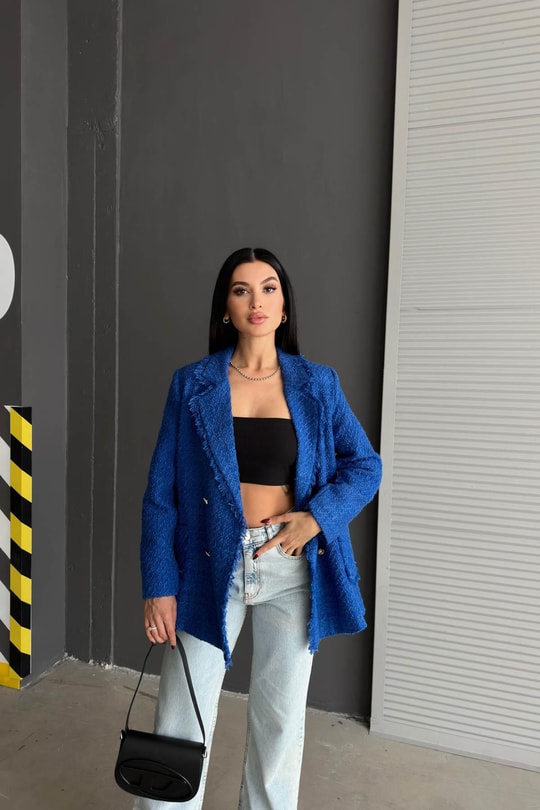 Gold Düğme Tüvit Blazer Ceket Saks Mavisi