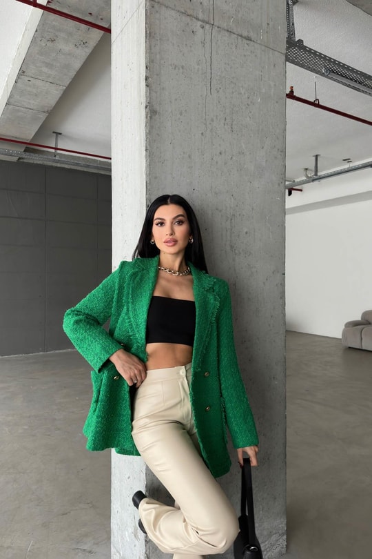 Gold Düğme Tüvit Blazer Ceket Yeşil