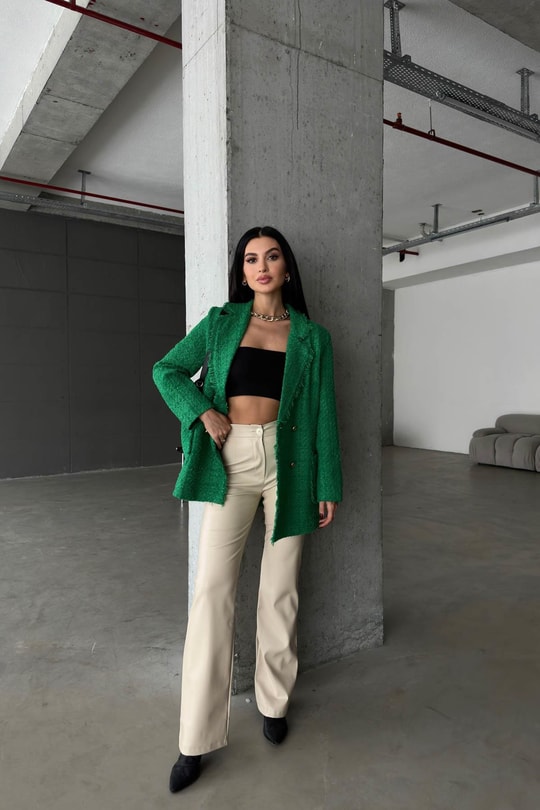 Gold Düğme Tüvit Blazer Ceket Yeşil