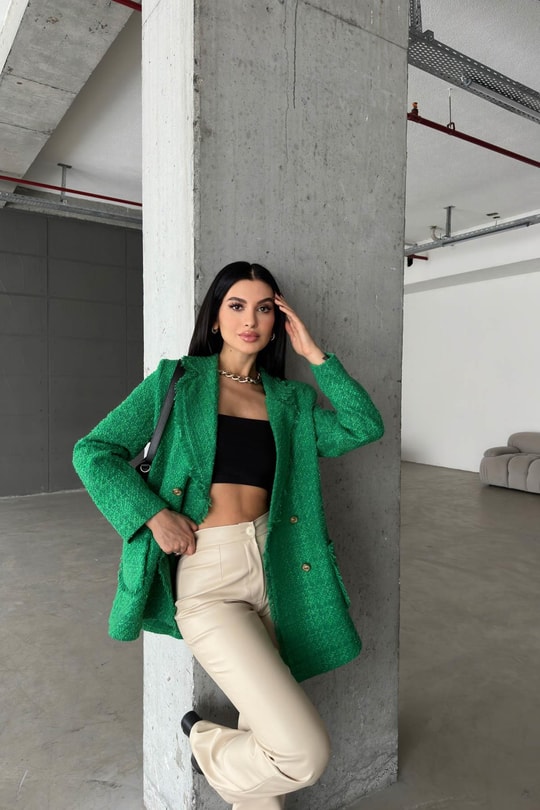 Gold Düğme Tüvit Blazer Ceket Yeşil