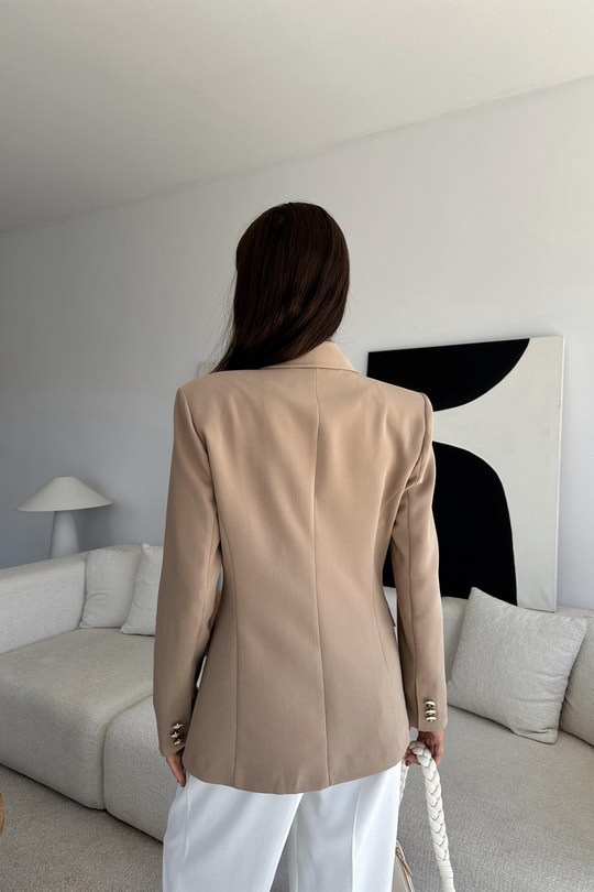 Gold Düğmeli Belden Oturtmalı Blazer Ceket Camel