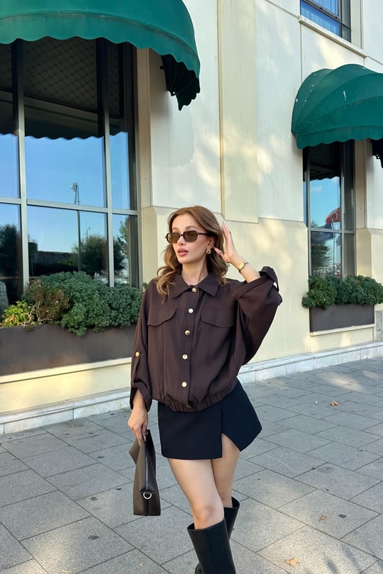 Gold Düğmeli Bomber Ceket Kahve
