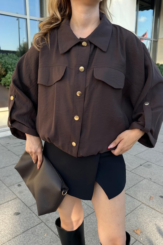 Gold Düğmeli Bomber Ceket Kahve