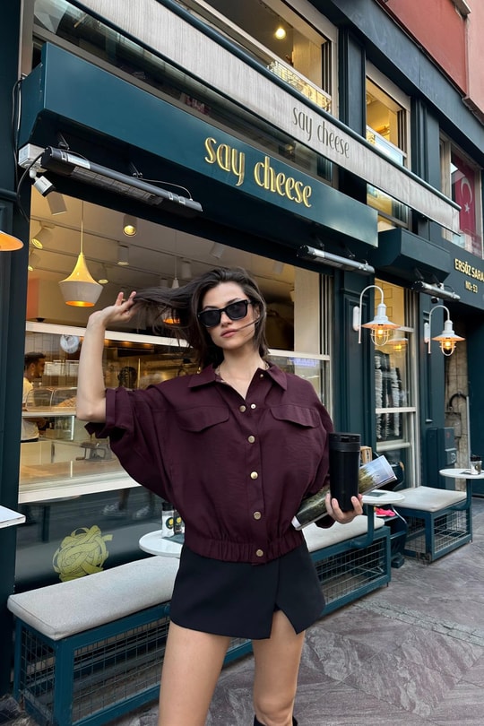Gold Düğmeli Bomber Ceket Mürdüm