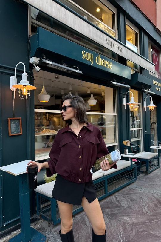 Gold Düğmeli Bomber Ceket Mürdüm