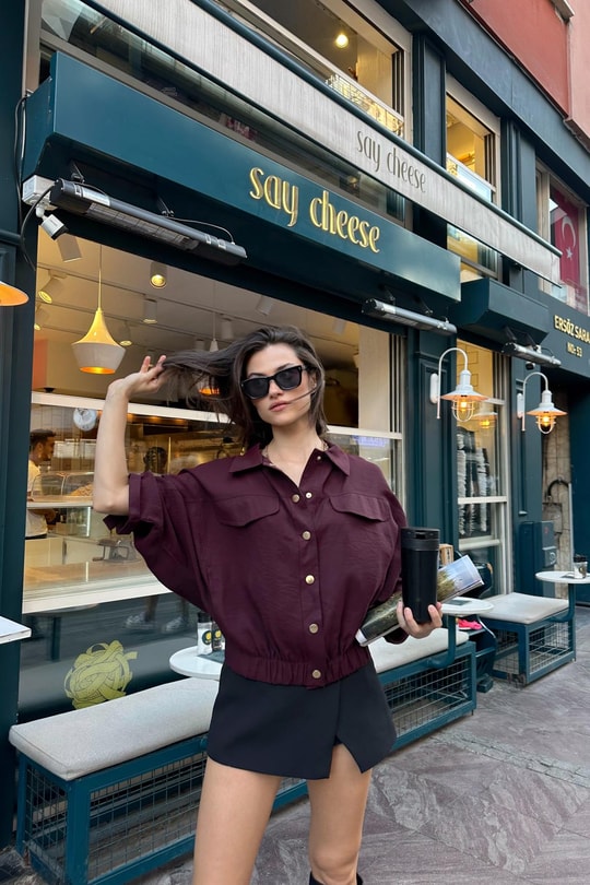 Gold Düğmeli Bomber Ceket Mürdüm